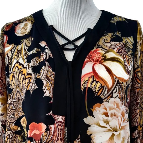 Joseph Ribkoff Womens Paisely Floral Georgette Lace Up Neck L/S Blouse Top 4 - Picture 4 of 10